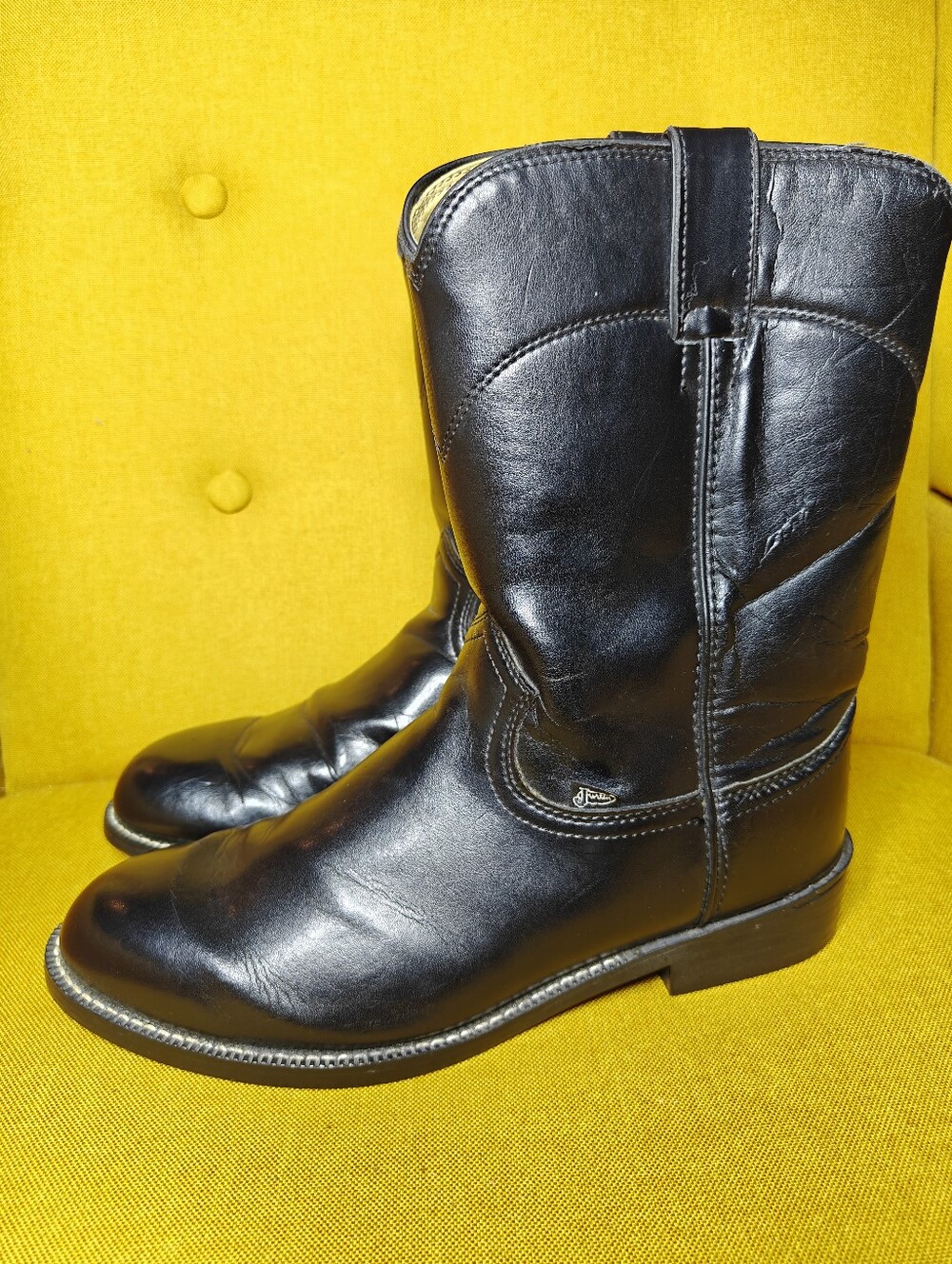 FLAWED* Justin Cowboy Boots Black Leather Boots Mens Shoes Size 8.5EE